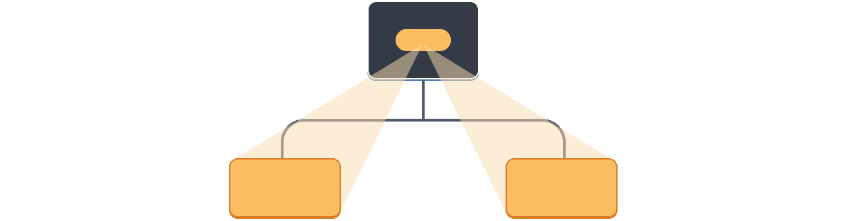 Un diagramme avec un arbre à trois composants. Le parent contient une bulle représentant une valeur surlignée en orange qui se projettent jusqu'à ses deux enfants, tous deux surlignées en orange.